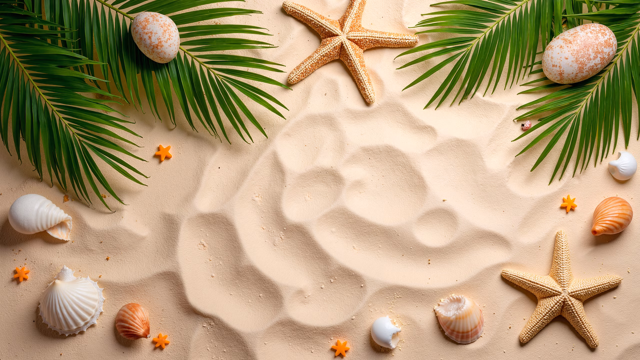 A tranquil beach scene with sand, palm leaves, and seashells.