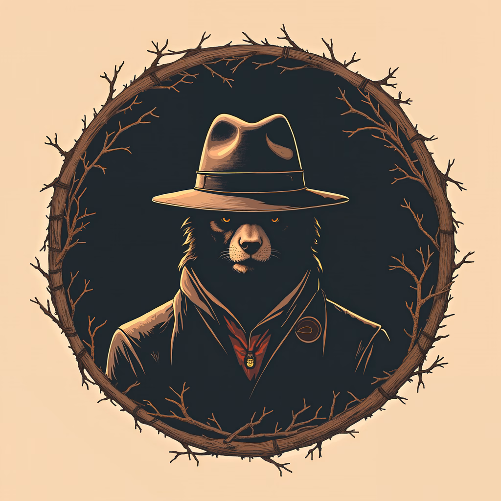 Vintage-inspired bear detective illustration with sepia tones and a mysterious atmosphere.