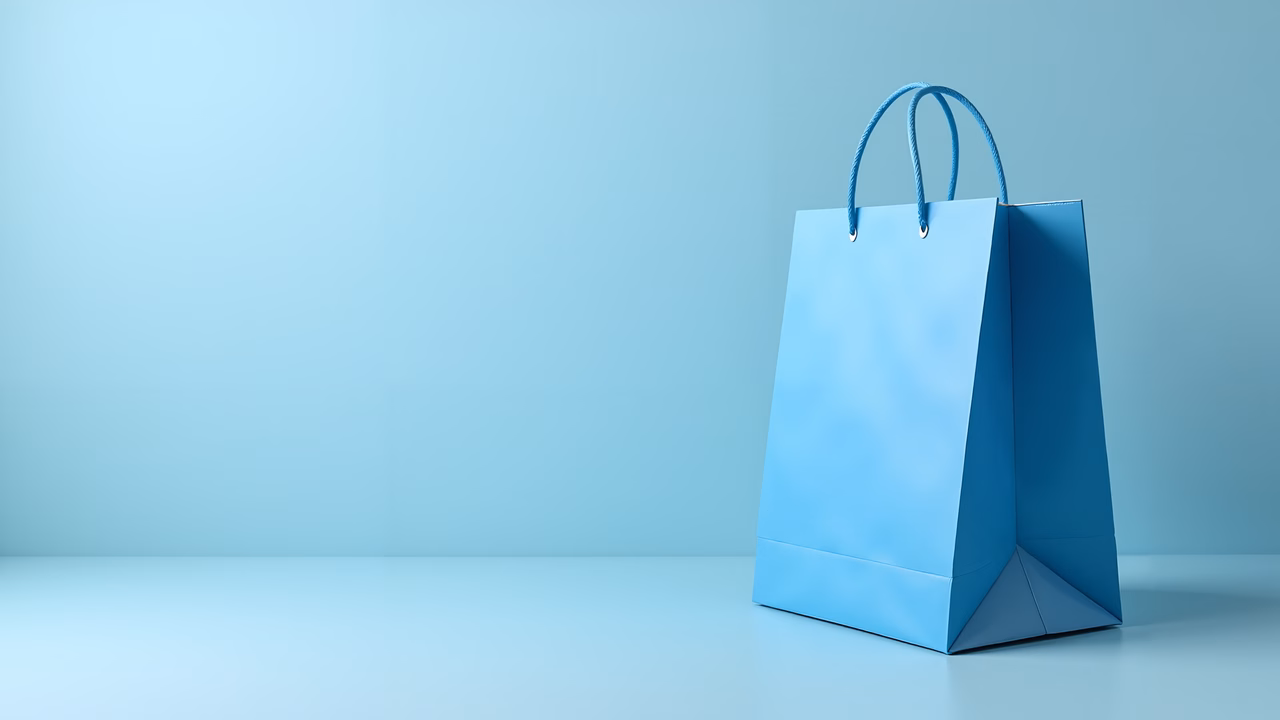 Minimalist blue shopping bag illustration, clean and modern design.