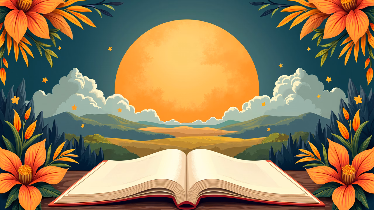 An open book frames a dreamy landscape with vibrant flowers and a starlit sky, inspiring imagination and tranquility.