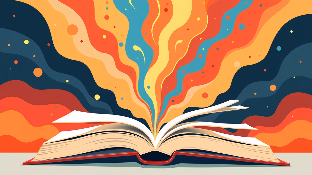 Vibrant and dynamic illustration of an open book symbolizing creativity and imagination.