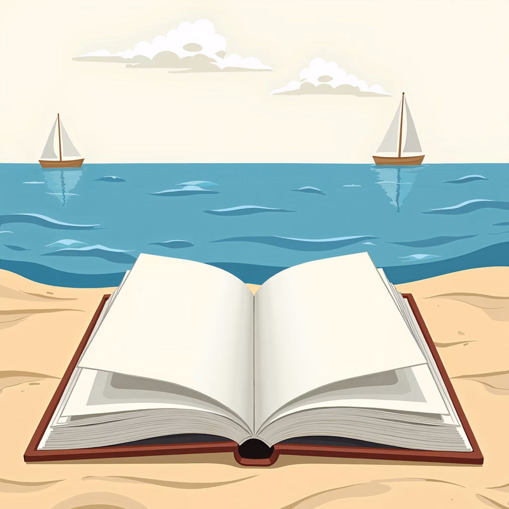 A serene beach scene with an open book and two sailboats, perfect for relaxation and storytelling.