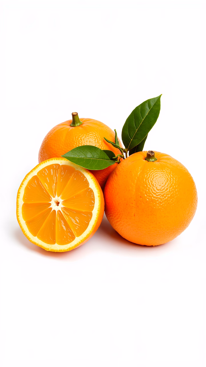 Vibrant orange slices with fresh green leaves on a white background.