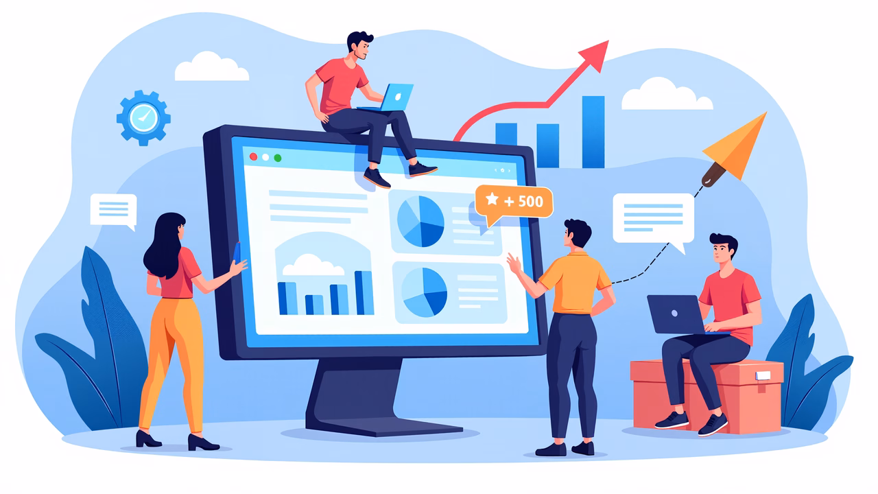 A team-driven illustration showcasing business growth through data analysis and teamwork.