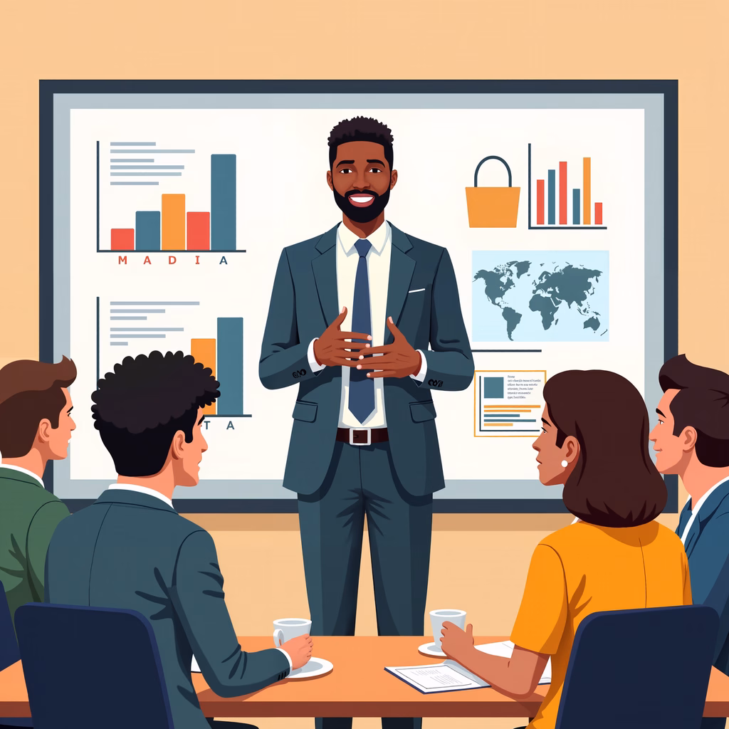 Professional business presentation with attentive audience.