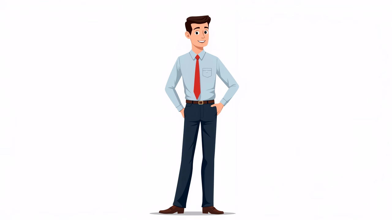 Professional cartoon businessman in a minimalist setting.
