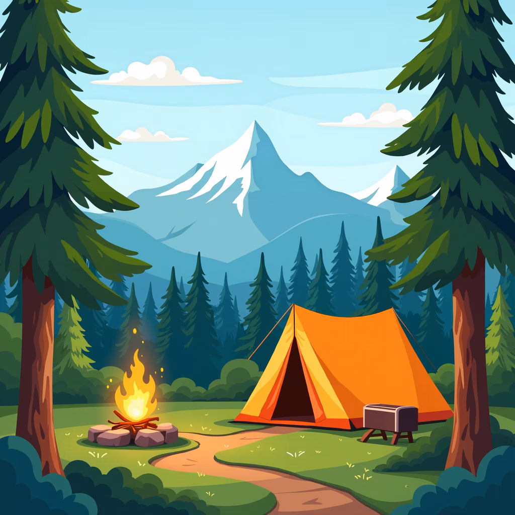 A cozy campsite surrounded by nature and mountains, perfect for outdoor enthusiasts.