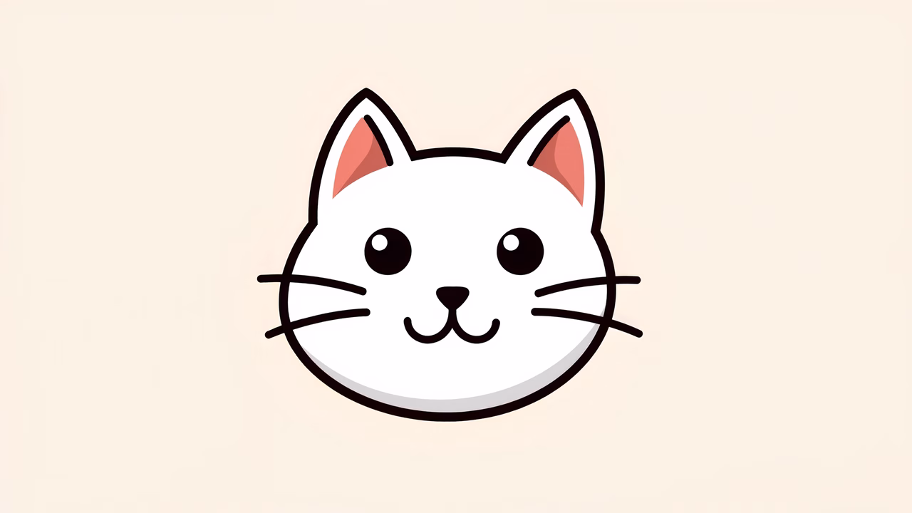 A cute cartoon cat with big eyes and pink ears on a soft beige background.
