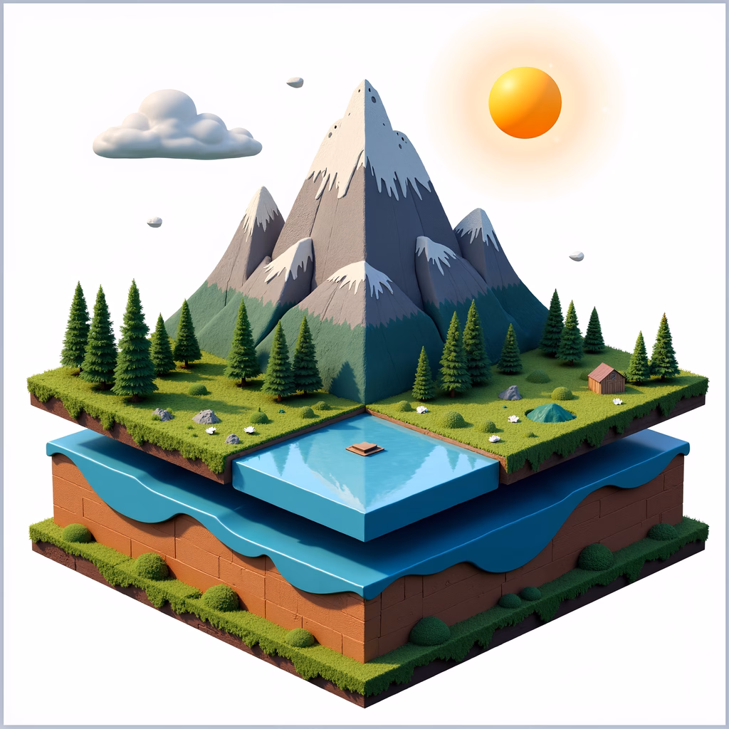 Brightly colored, cartoon-style landscape with mountains, trees, and a lake.