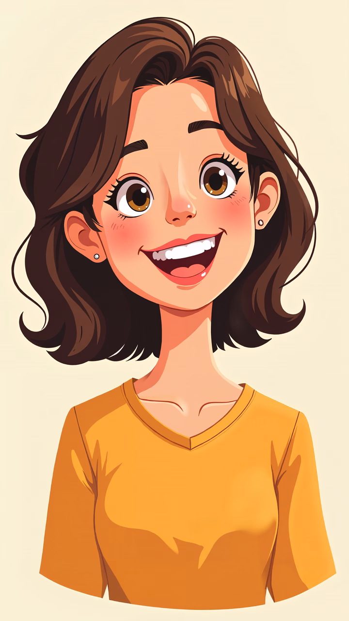 Brightly colored cartoon portrait of a smiling young woman.