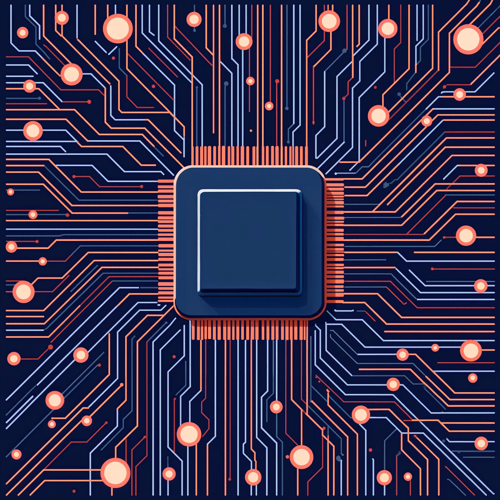 Modern circuit board illustration with vibrant blue and orange tones.