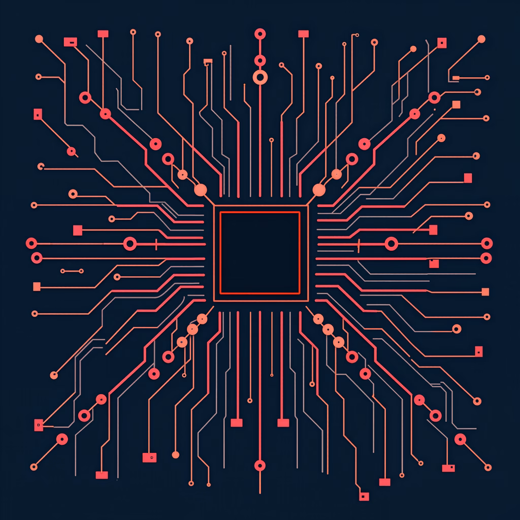 Complex circuit board design in red and blue, symbolizing technological connectivity.
