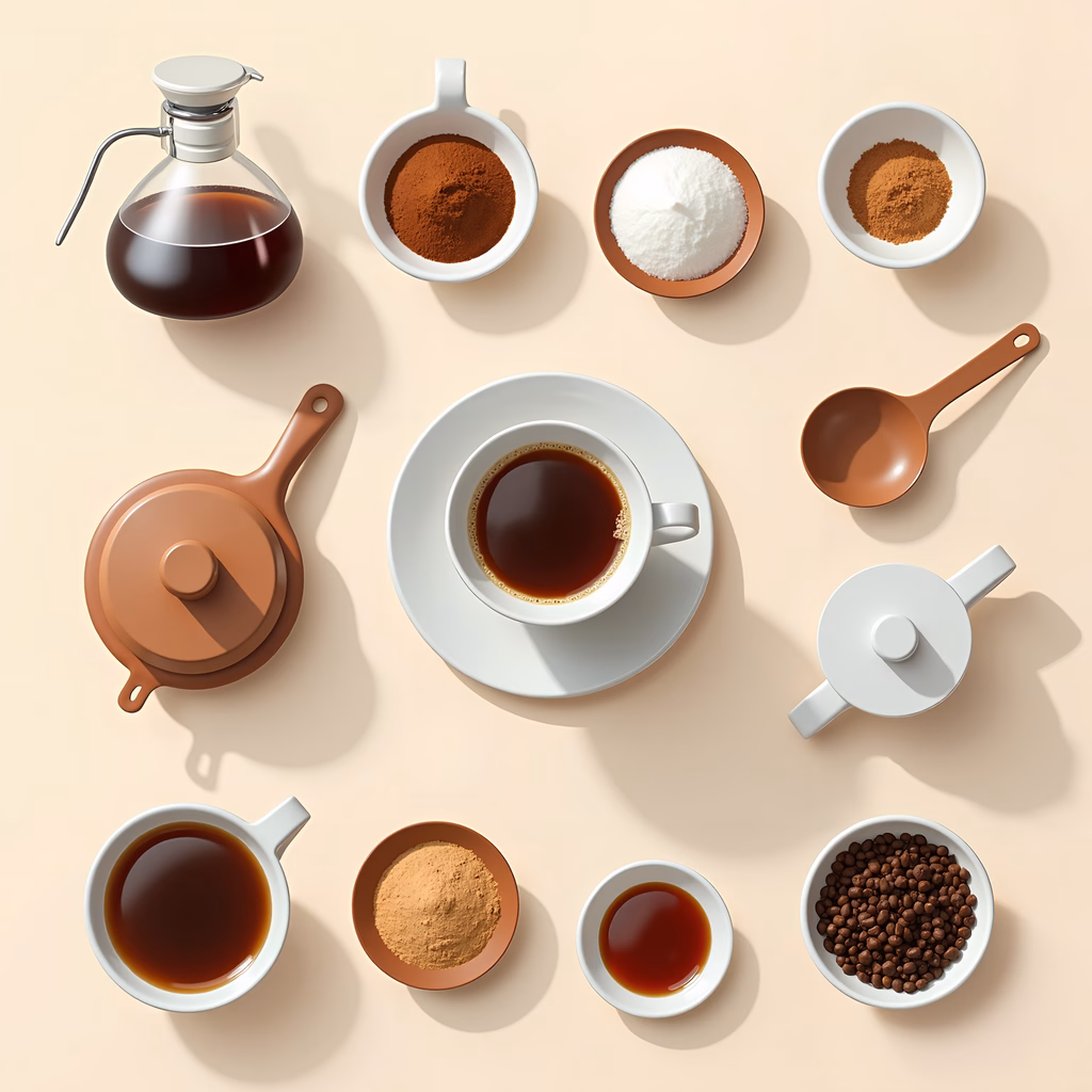 A collection of coffee essentials including grounds, sugar, cocoa, beans, and brewing tools.