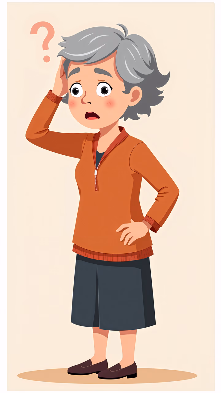 Confused elderly woman with question mark, detailed portrait illustration.