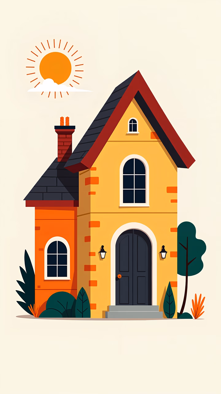 A cozy, colorful cottage with a sunny ambiance.