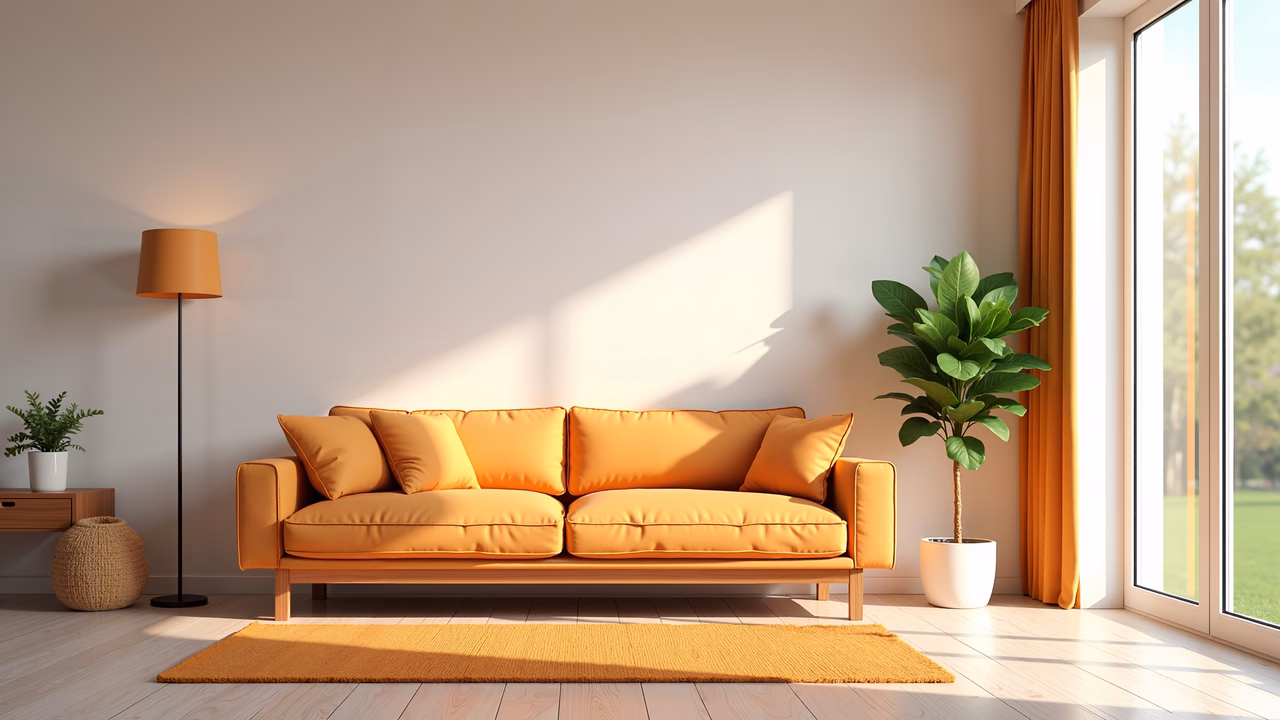 A sunlit, cozy living room with mustard yellow furniture and warm tones.