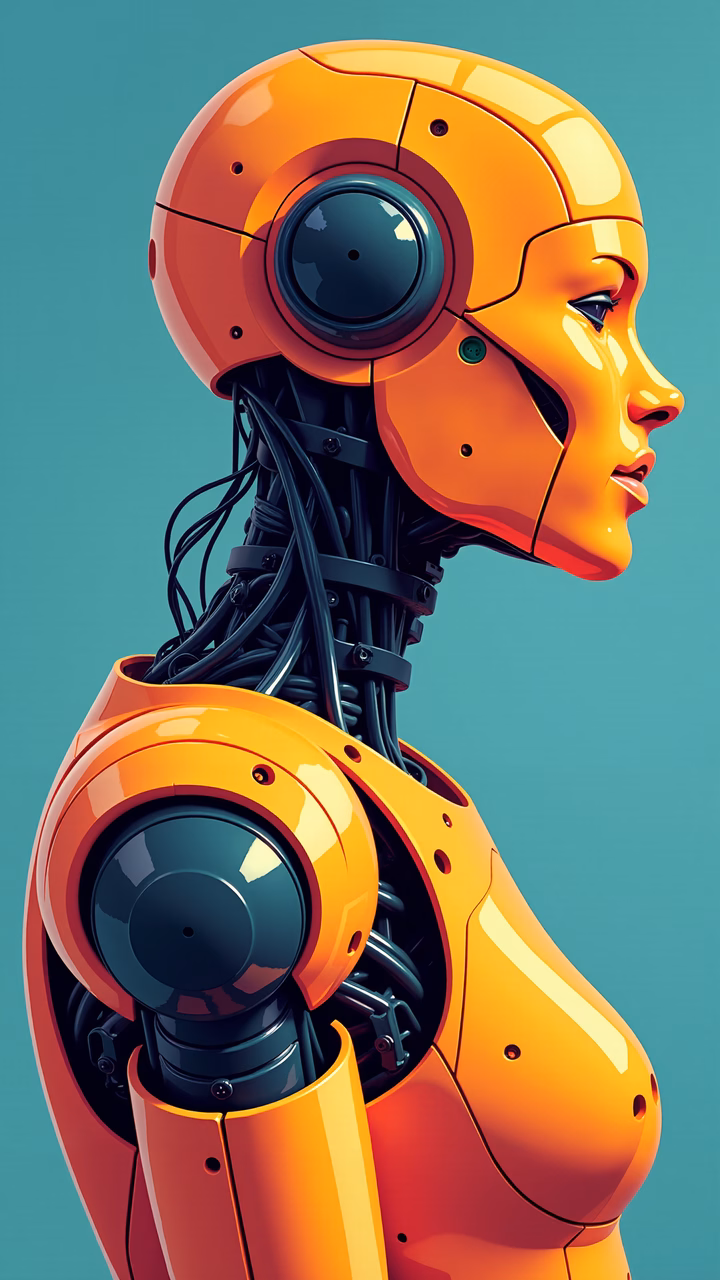 A striking portrait of a humanoid robot with intricate mechanical details against a teal backdrop.