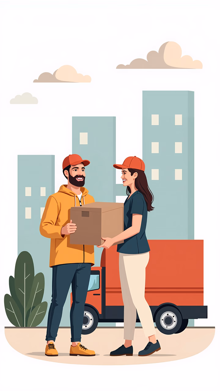 Two delivery workers exchanging a package in a modern cityscape.