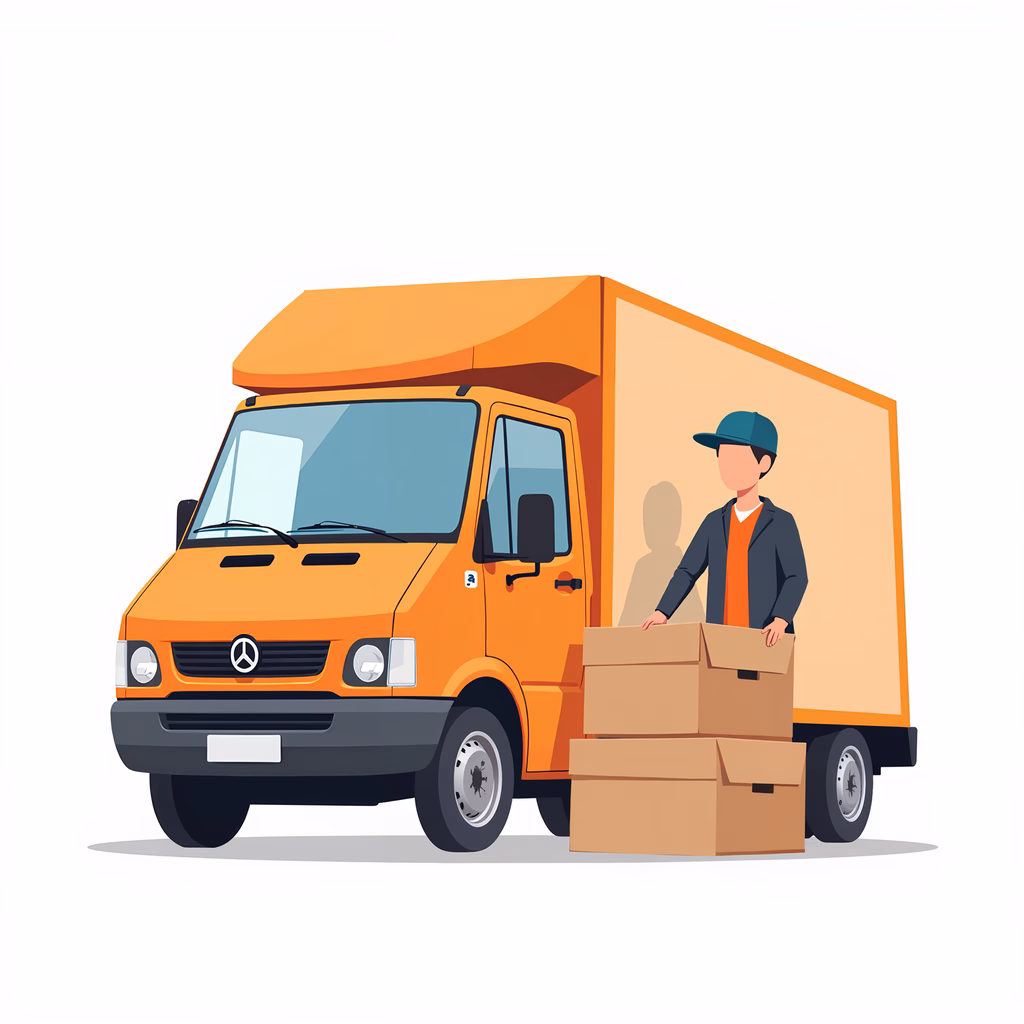 Bright orange delivery truck with worker unloading boxes.