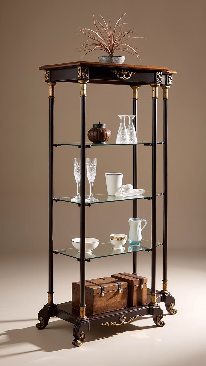 Luxurious display shelf with elegant items on glass shelves.