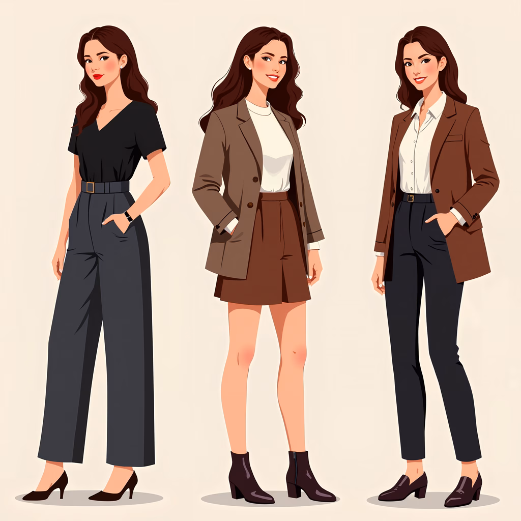 Professional fashion illustrations featuring three stylish women in various outfits.