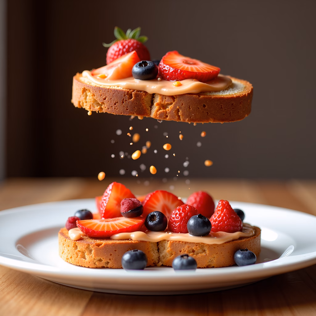 A slice of peanut butter toast with fresh berries, floating mid-air, creating a visually appealing and appetizing scene.