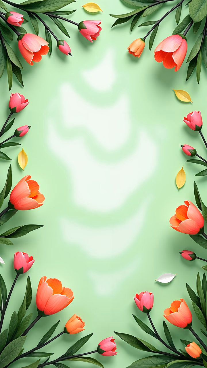 Vibrant floral frame with tulips on a mint green background.
