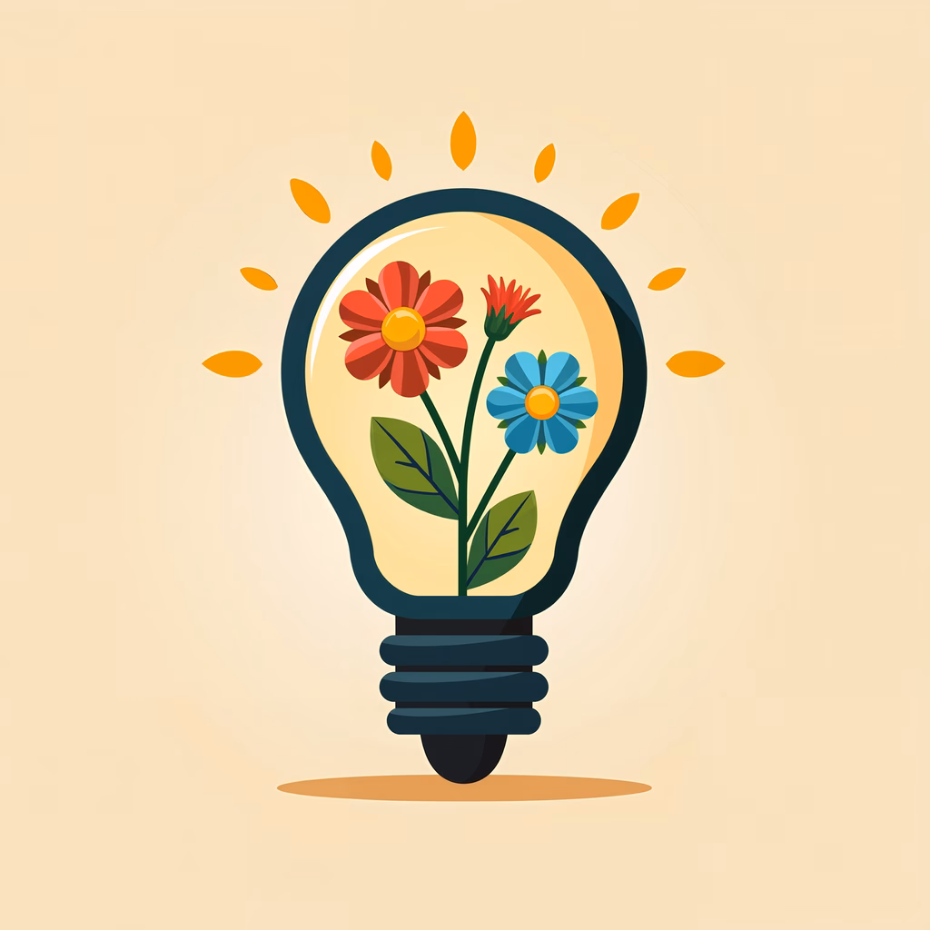 Vibrant flower-filled light bulb symbolizes creativity and optimism.