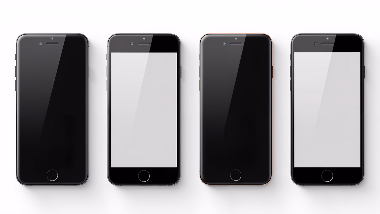 Minimalist arrangement of four smartphones showcasing modern design and functionality.
