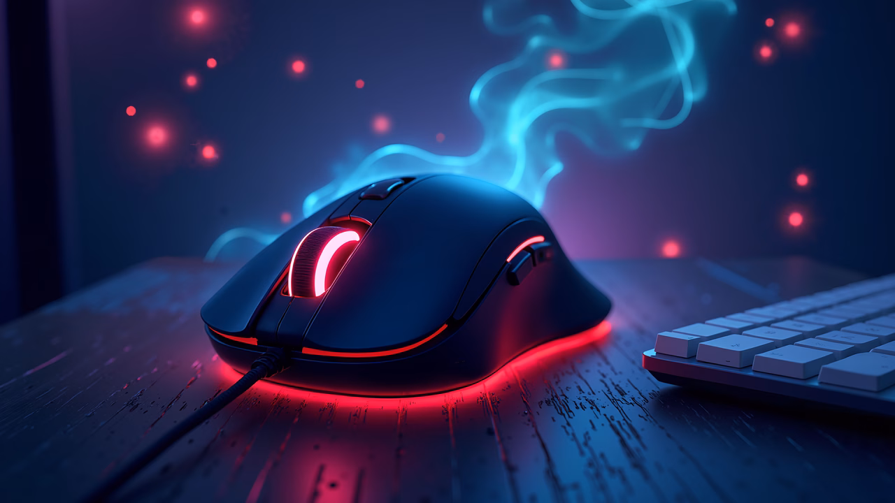 Sleek gaming mouse with neon lights in a futuristic setting.