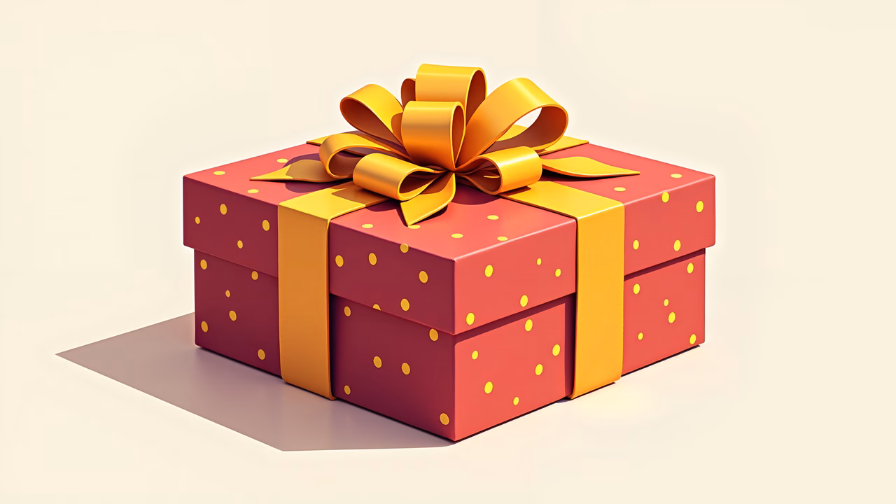 A festive gift box with golden ribbon and polka dots, perfect for celebrations.