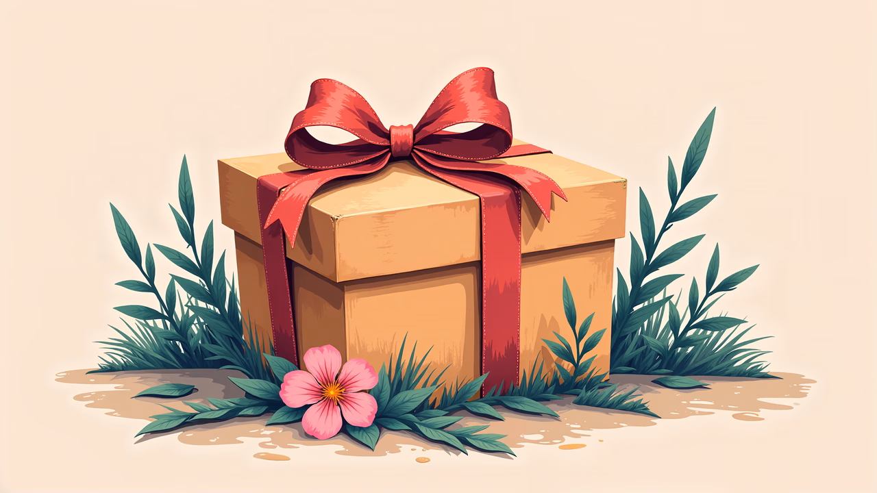 A beautifully illustrated gift box with a red ribbon and greenery, perfect for festive occasions.
