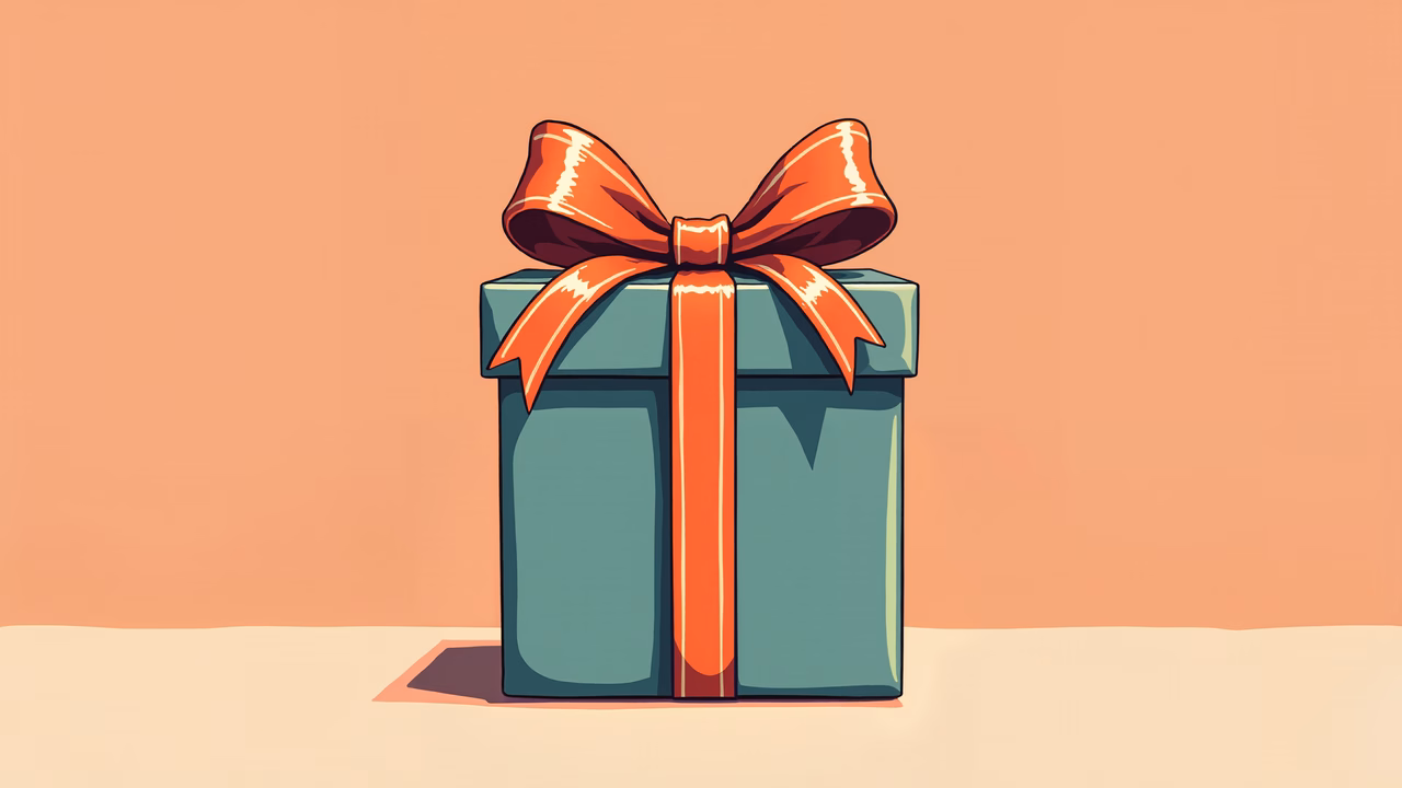 Teal gift box with orange ribbon bow on peach background
