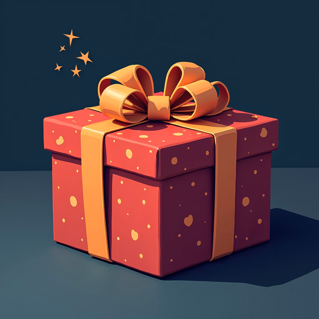 A festive gift box illustration with warm colors and twinkling stars.
