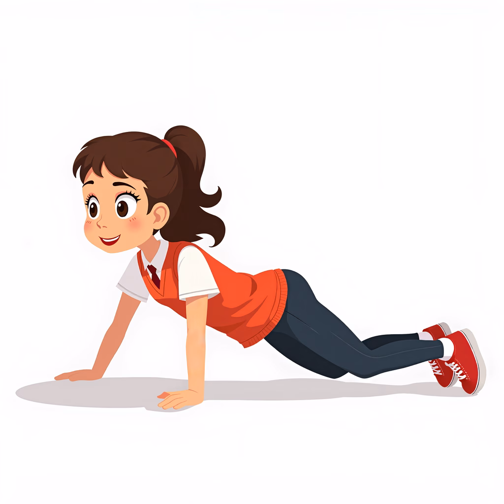 Cheerful cartoon girl doing push-ups, wearing school uniform, positive energy.