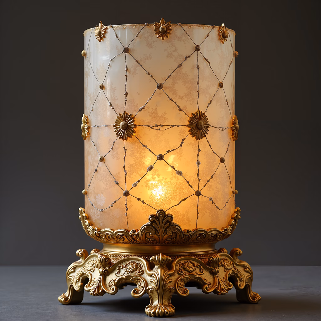Luxurious golden lamp with intricate designs and warm glow