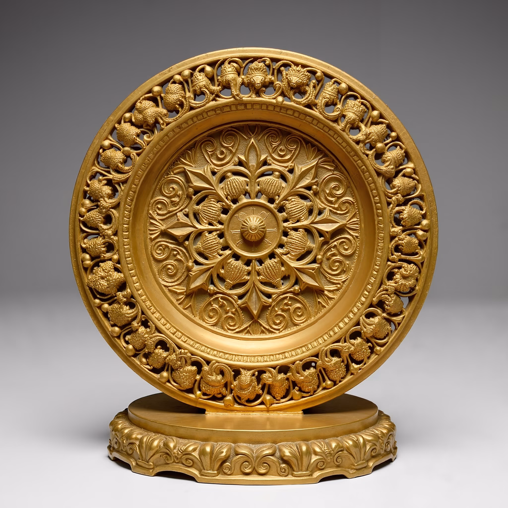 Elegant gold ornament with intricate floral and acorn designs.