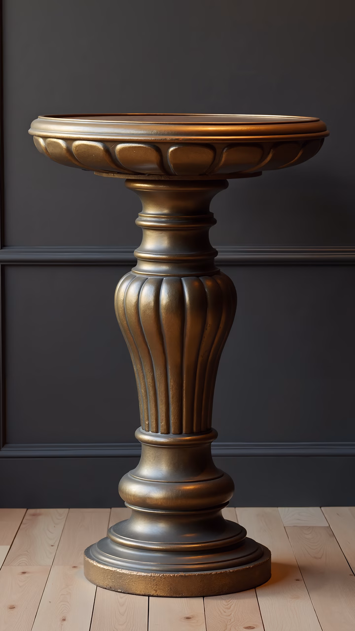 Elegant golden pedestal with intricate ribbed patterns and a circular top, set against a dark gray wall.