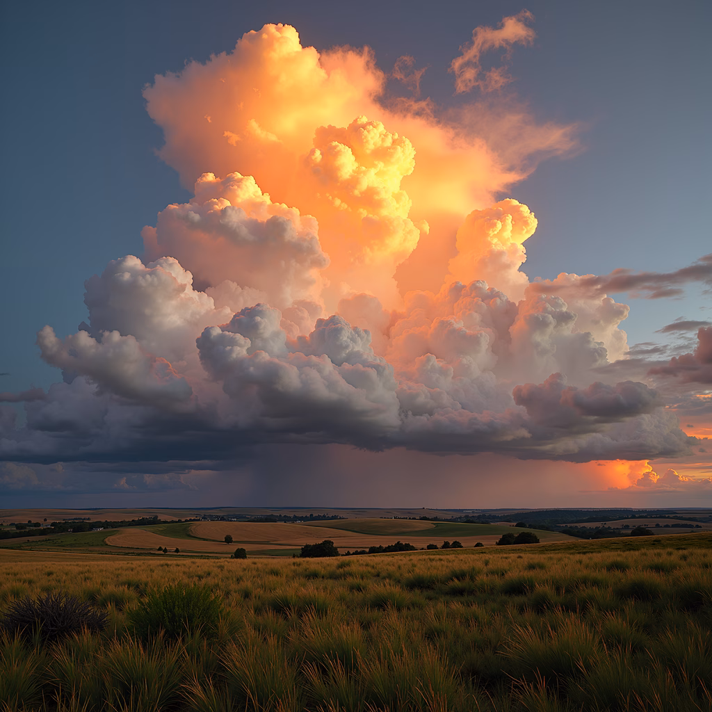 Golden sky cloudscape over serene fields at sunset.