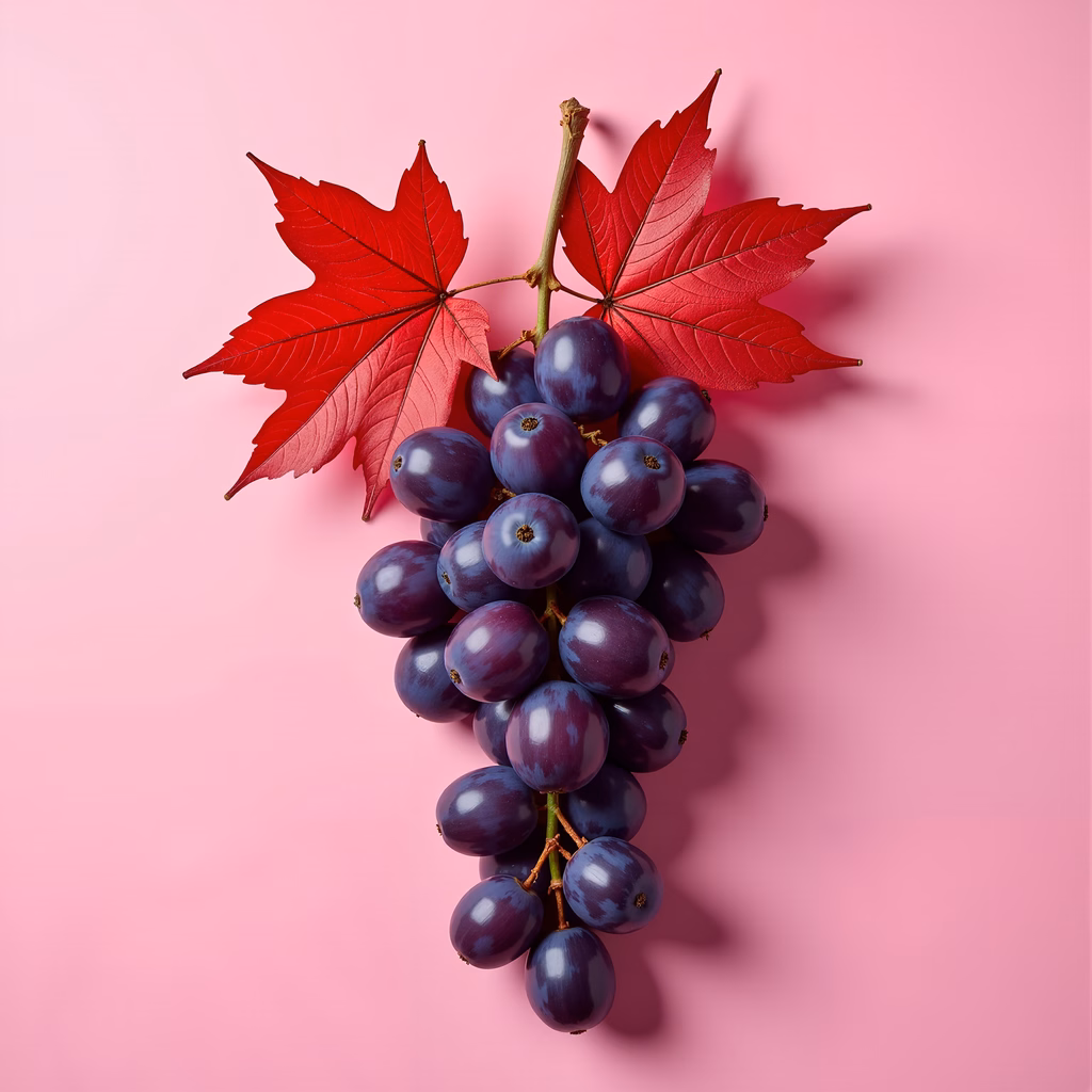 Still life photography showcasing grapes and red leaves on a pink background.