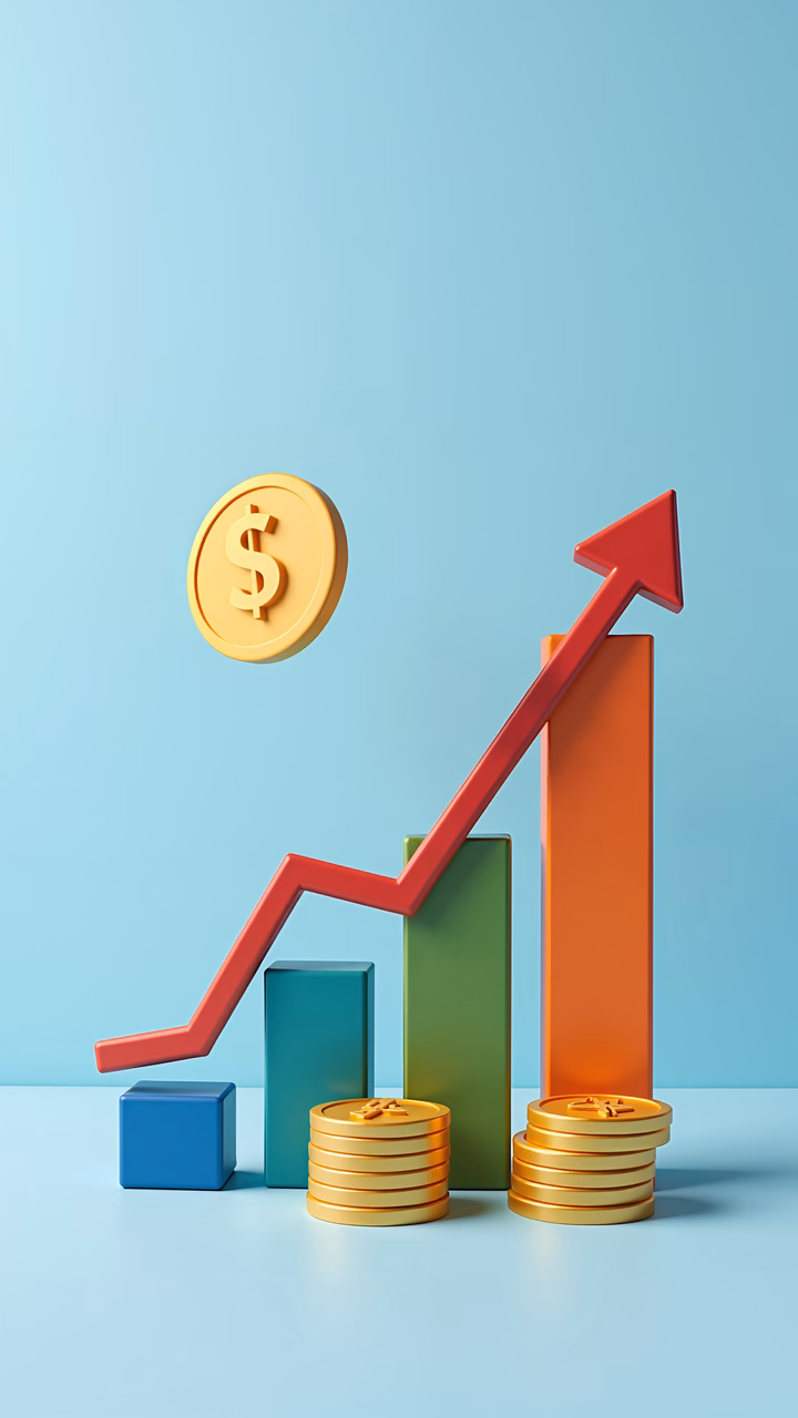 Dynamic growth chart with golden coins and bold colors.