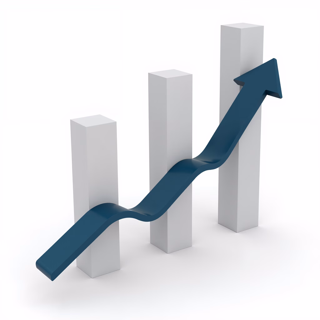 Minimalist growth chart with upward arrow in deep blue, symbolizing progress and success.