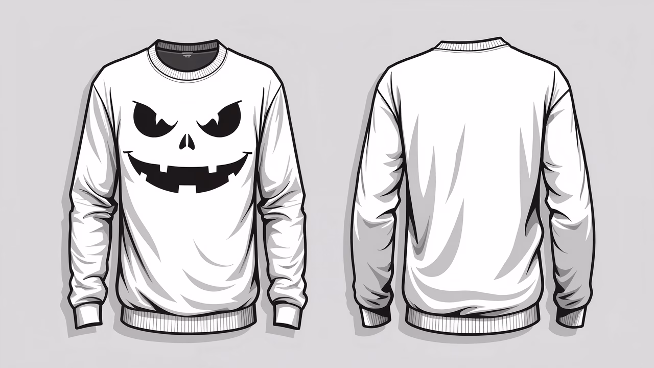 Spooky Halloween sweater illustration with jack-o'-lantern design.
