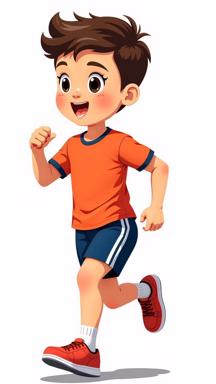 Brightly colored illustration of a happy child running energetically.