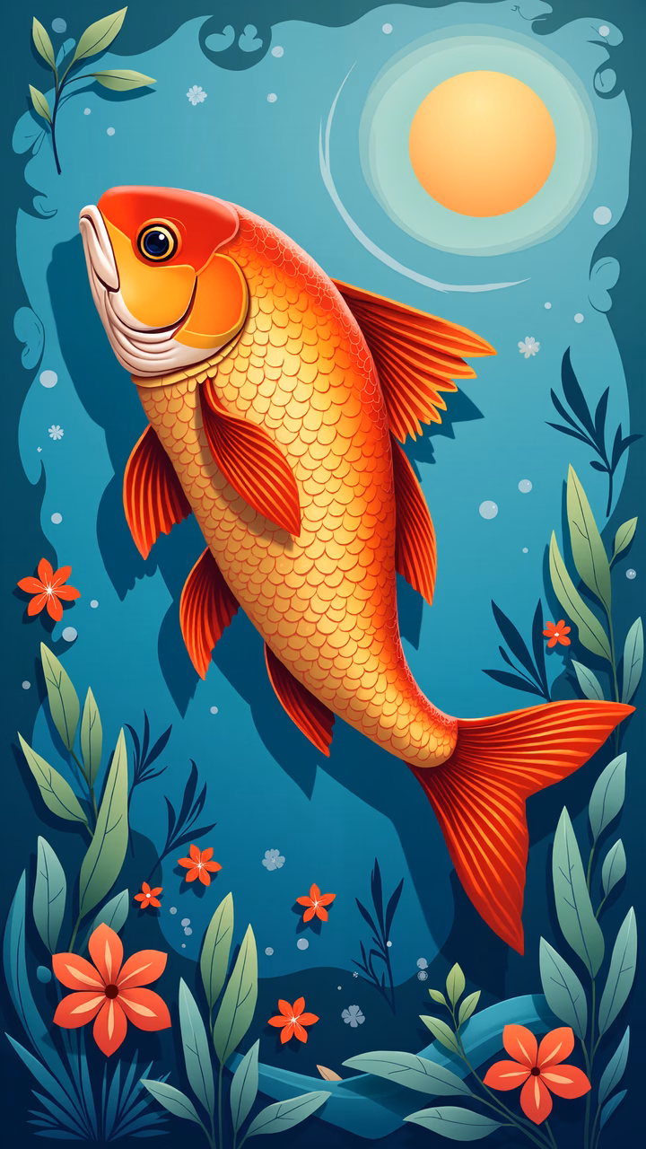 A joyful koi fish swimming in a tranquil underwater world filled with flowers and plants.