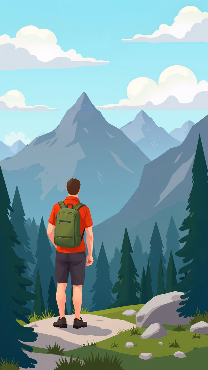 A hiker admires a scenic mountain range with lush greenery and a clear sky.