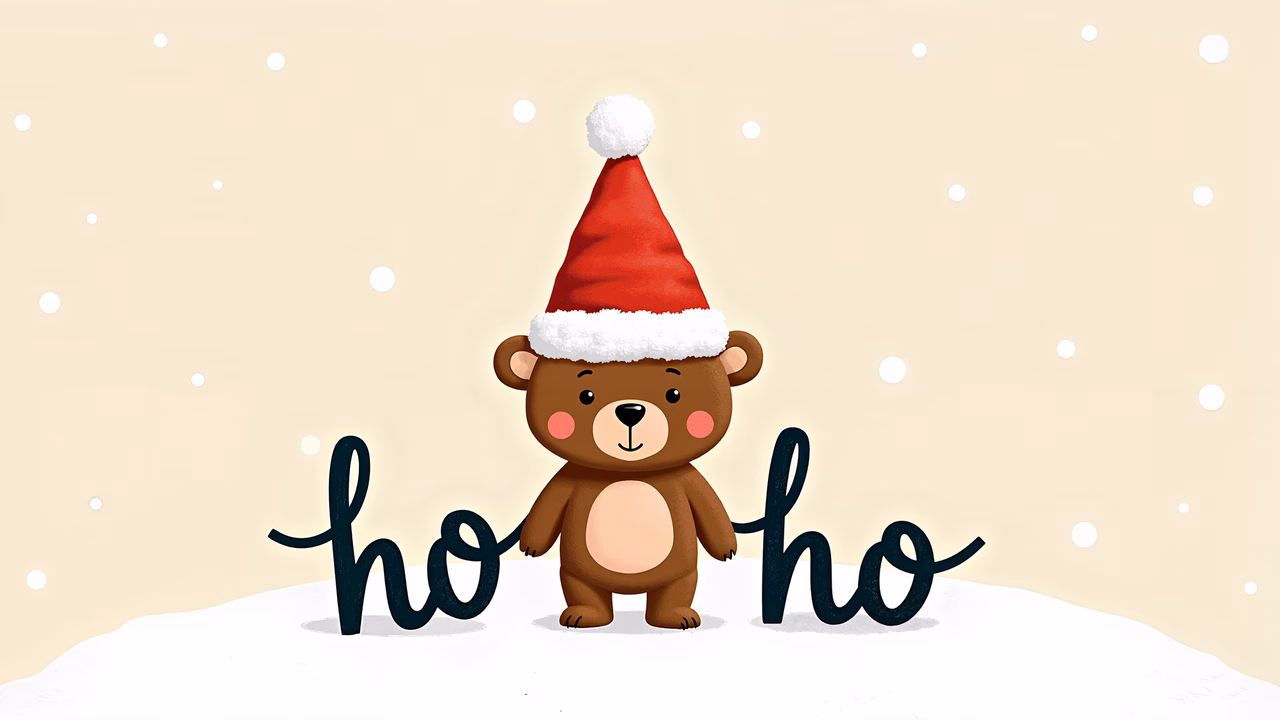 Cute bear wearing Santa hat, ho-ho text, winter wonderland