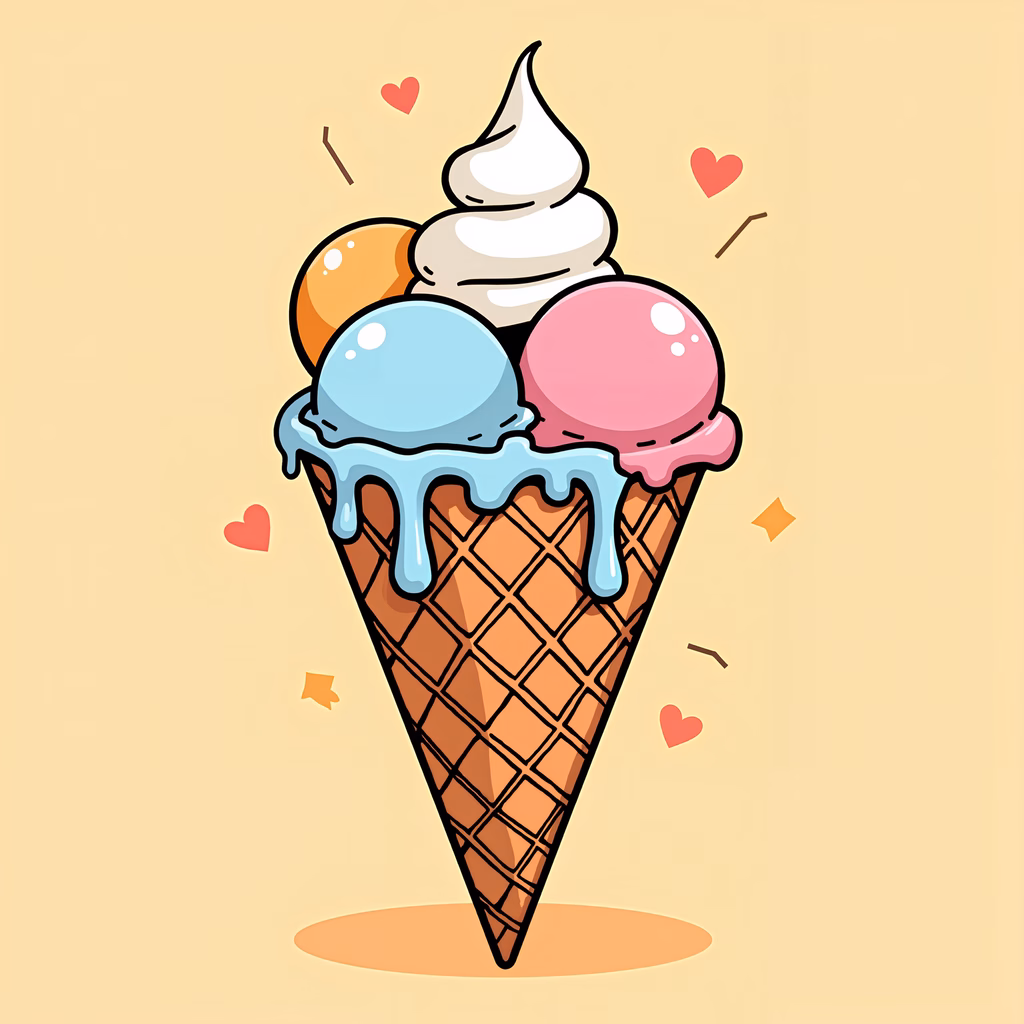 A delightful illustration of a colorful ice cream cone with drips and confetti details.