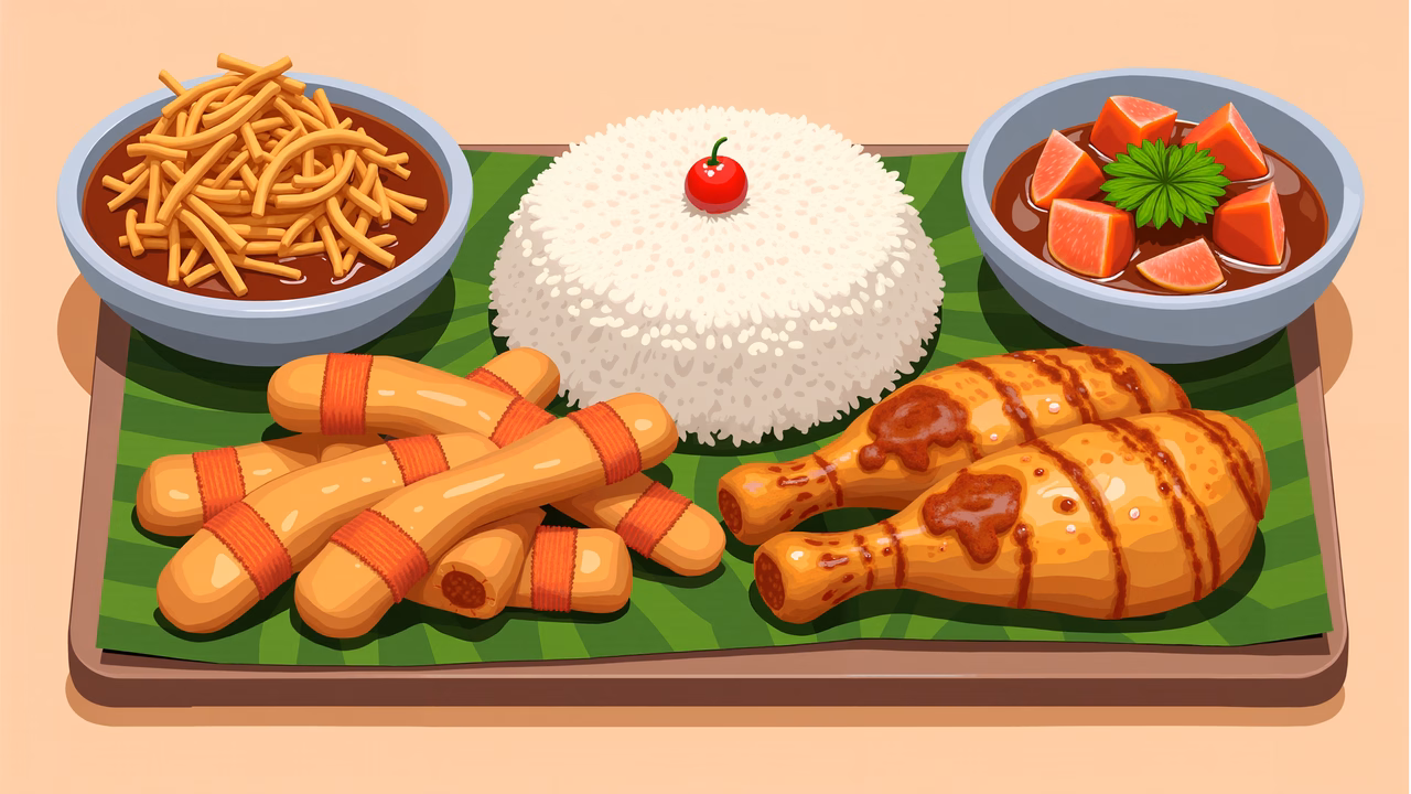 Traditional Malaysian cuisine served on a banana leaf with rice, noodles, meat, and curry.