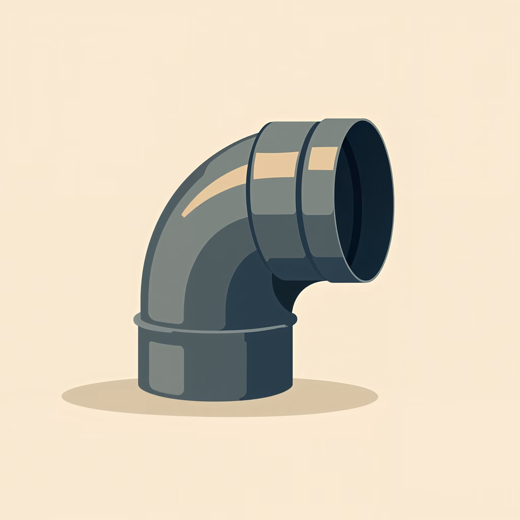 Minimalist industrial elbow pipe illustration with muted grays and soft beige tones.